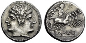 AN INTERESTING COLLECTION OF ROMAN REPUBLICAN COINS FORMED BY AN ENGLISH AMATEUR SCHOLAR 
 Quadrigatus circa 225-214, AR 7.07 g. Laureate Janiform he...