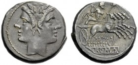 AN INTERESTING COLLECTION OF ROMAN REPUBLICAN COINS FORMED BY AN ENGLISH AMATEUR SCHOLAR 
 Quadrigatus circa 225-212, AR 6.96 g. Laureate Janiform he...