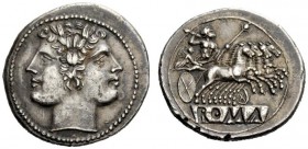 AN INTERESTING COLLECTION OF ROMAN REPUBLICAN COINS FORMED BY AN ENGLISH AMATEUR SCHOLAR 
 Quadrigatus circa 225-212, AR 6.49 g. Laureate Janiform he...