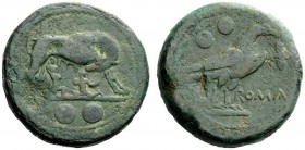 AN INTERESTING COLLECTION OF ROMAN REPUBLICAN COINS FORMED BY AN ENGLISH AMATEUR SCHOLAR 
 Sextans circa 217-215, Æ 26.05 g. She-wolf suckling twins;...