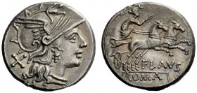 AN INTERESTING COLLECTION OF ROMAN REPUBLICAN COINS FORMED BY AN ENGLISH AMATEUR SCHOLAR 
 Decimius Flavus . Denarius 150, AR 3.84 g. Helmeted head o...