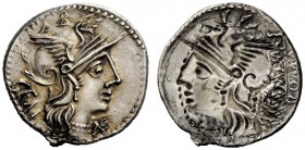 AN INTERESTING COLLECTION OF ROMAN REPUBLICAN COINS FORMED BY AN ENGLISH AMATEUR SCHOLAR 
 C. Aburius Gem. Brockage denarius 134, AR 4.30 g. Helmeted...