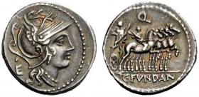 AN INTERESTING COLLECTION OF ROMAN REPUBLICAN COINS FORMED BY AN ENGLISH AMATEUR SCHOLAR 
 C. Fvndan Q. Denarius 101, AR 3.95 g. Helmeted head of Rom...