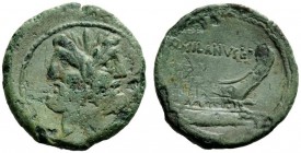 AN INTERESTING COLLECTION OF ROMAN REPUBLICAN COINS FORMED BY AN ENGLISH AMATEUR SCHOLAR 
 D. Iunius Silanus L.f As 91, Æ 10.50 g. Laureate head of J...