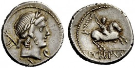 AN INTERESTING COLLECTION OF ROMAN REPUBLICAN COINS FORMED BY AN ENGLISH AMATEUR SCHOLAR 
 P. Crepusius . Denarius 82, AR 3.70 g. Laureate head of Ap...