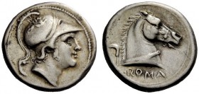 ROMAN REPUBLICAN COINAGE 
 Didrachm circa 241-235, AR 6.54 g. Helmeted head of Mars r. Rev. Bridled horse’s head r.; behind, sickle; below, ROMA. Syd...