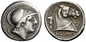 ROMAN REPUBLICAN COINAGE 
 Drachm circa 241-235, AR 3.24 g. Helmeted head of Mars r. Rev. Horse’s head r.; behind, sickle; below, ROMA. Sydenham 25. ...