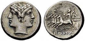ROMAN REPUBLICAN COINAGE 
 Drachm circa 225-214, AR 3.19 g. Laureate janiform head of Dioscuri. Rev. Jupiter, holding sceptre and hurling thunderbolt...