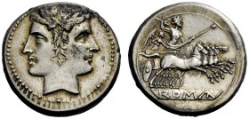 ROMAN REPUBLICAN COINAGE 
 Quadrigatus circa 225-214, AR 6.74 g. Laureate head of Janus. Rev. Jupiter in quadriga driven by Victory r., holding scept...