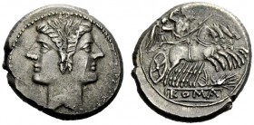 ROMAN REPUBLICAN COINAGE 
 Didrachm, Sicily circa 214-212, AR 6.86 g. Laureate, Janiform head of Dioscuri. Rev. Jupiter, hurling thunderbolt and hold...
