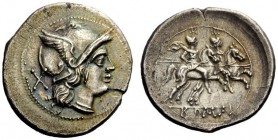 ROMAN REPUBLICAN COINAGE 
 Denarius circa 214-213, AR 4.22 g. Helmeted head of Roma r.; behind, X. Rev. The Dioscuri galloping r.; in exergue, ROMA. ...