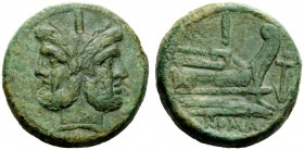 ROMAN REPUBLICAN COINAGE 
 As, below sextantal weight after 211, Æ 35.59 g. Laureate head of Janus; above, I. Rev. Prow r.; above, I; in r., field, a...