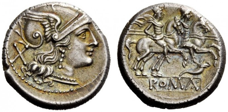 ROMAN REPUBLICAN COINAGE 
 Denarius circa 207, AR 4.57 g. Helmeted head of Roma...