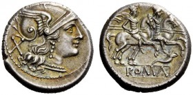 ROMAN REPUBLICAN COINAGE 
 Denarius circa 207, AR 4.57 g. Helmeted head of Roma r.; behind, X. Rev. The Dioscuri galloping r.; below, cornucopiae; in...
