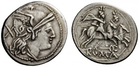 ROMAN REPUBLICAN COINAGE 
 Denarius, Central Italy circa 211-208, AR 3.80 g. Helmeted head of Roma r.; behind, X. Rev. The Dioscuri galloping r.; bel...