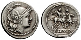 ROMAN REPUBLICAN COINAGE 
 Quinarius, South-East Italy, circa 211-210, AR 2.17 g. Helmeted head of Roma r.; behind, V. Rev. The Dioscuri galloping r....