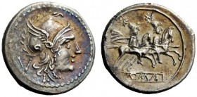ROMAN REPUBLICAN COINAGE 
 Quinarius, Luceria 214-212, AR 2.15 g. Head of Roma r., wearing Phrygian helmet; behind V and below, L. Rev. The Dioscuri ...