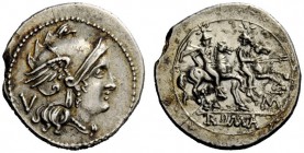 ROMAN REPUBLICAN COINAGE 
 Quinarius, Apulia 211-210, AR 2.16 g. Helmeted head of Roma r.; behind, V. Rev. The Dioscuri galloping r.; below, MT; in e...