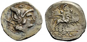 ROMAN REPUBLICAN COINAGE 
 Denarius, Central Italy circa 209-208, AR 4.35 g. Helmeted head of Roma r.; behind, X. Rev. The Dioscuri galloping r.; abo...