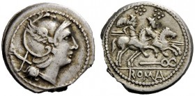 ROMAN REPUBLICAN COINAGE 
 Denarius, Central Italy (?) circa 211-208, AR 4.34 g. Helmeted head of Roma r.; behind, X. Rev. The Dioscuri galloping r.;...