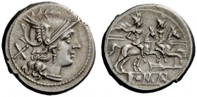 ROMAN REPUBLICAN COINAGE 
 Denarius circa 206-195, AR 4.32 g. Helmeted head of Roma r.; behind, X. Rev. Dioscuri galloping r.; below, rudder; in exer...