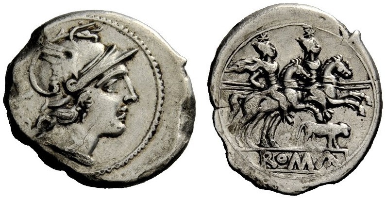 ROMAN REPUBLICAN COINAGE 
 Denarius circa 206-195, AR 3.46 g. Helmeted head of ...