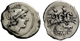 ROMAN REPUBLICAN COINAGE 
 Denarius circa 206-195, AR 3.46 g. Helmeted head of Roma r.; behind, X. Rev. The Dioscuri galloping r.; below, heifer r. I...