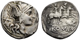 ROMAN REPUBLICAN COINAGE 
 Denarius, uncertain mint circa 206-200, AR 3.80 g. Helmeted head of Roma r.; behind, X. Rev. The Dioscuri galloping r.; be...