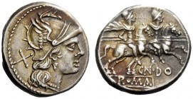 ROMAN REPUBLICAN COINAGE 
 Cn. Domitius Ahenobarbus . Denarius circa 189-180, AR 4.08 g. Helmeted head of Roma r.; behind, X. Rev. The Dioscuri gallo...