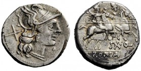 ROMAN REPUBLICAN COINAGE 
 Sex. Quinctilius . Denarius circa 189-180, AR 4.18 g. Helmeted head of Roma r., behind, X. Rev. The Dioscuri galloping r.;...
