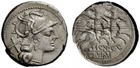 ROMAN REPUBLICAN COINAGE 
 Cn. Calpurnius . Denarius circa 189-180, AR 3.91 g. Helmeted head of Roma r., behind, X. Rev. Dioscuri r.; below, CN CALP;...