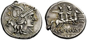 ROMAN REPUBLICAN COINAGE 
 M. Iunius. Denarius 145, AR 4.33 g. Helmeted head of Roma r.; before, X; behind, ass’s head. Rev. The Dioscuri galloping r...