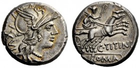 ROMAN REPUBLICAN COINAGE 
 C. Titinius. Denarius 141, AR 3.85 g. Helmeted head of Roma r.; behind, XVI. Rev. Victory in biga r., holding whip and rei...