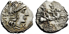 ROMAN REPUBLICAN COINAGE 
 Cn. Lucretius Trio. Denarius 136, AR 3.87 g. Helmeted head of Roma r.; behind, TRIO; before, X. Rev. The Dioscuri gallopin...