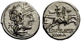 ROMAN REPUBLICAN COINAGE 
 Q. Marcius Philippus. Denarius 129, AR 3.87 g. Helmeted head of Roma r.; behind, *. Rev. Horseman gallo­ping r., holding r...