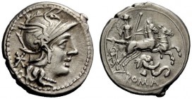 ROMAN REPUBLICAN COINAGE 
 Anonymous series with elephant’s head. Denarius 128, AR 3.88 g. Helmeted head of Roma r.; behind, *. Rev. Goddess in biga ...