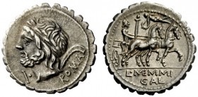 ROMAN REPUBLICAN COINAGE 
 L. Memmius Galeria. Denarius serratus 106, AR 3.83 g. Head of Saturn l; behind harpa and ROMA; before, control letter. Rev...