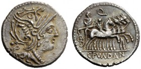 ROMAN REPUBLICAN COINAGE 
 L. Sentius C.f. Denarius 101, AR 3.59 g. Helmeted head of Roma r.; behind, control mark. Rev. Triumphator in quadriga r., ...