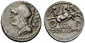 ROMAN REPUBLICAN COINAGE 
 P. Servilius M.f. Rullus. Denarius 100, AR 4.17 g. Helmeted and cuirassed bust of Minerva l.; behind, RVLLI. Rev. Victory ...