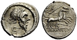 ROMAN REPUBLICAN COINAGE 
 D. Iunius Silanus L.f. Denarius 91, AR 3.94 g. Mask of Silanus r.; below, plough; torque as border. Rev. Victory in biga r...