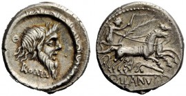 ROMAN REPUBLICAN COINAGE 
 D. Iunius Silanus L.f. Denarius 91, AR 3.86 g. Laureate head of Silanus r.; below, ROMA and behind, T. All within torque. ...