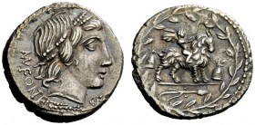 ROMAN REPUBLICAN COINAGE 
 Mn. Fonteius C.f. Denarius 85, AR 3.83 g. Laureate head of Apollo Veiovis r.; below, thunderbolt; behind, MN FONTEI; befor...