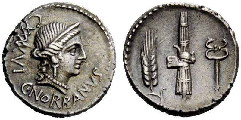 ROMAN REPUBLICAN COINAGE 
 C. Norbanus . Denarius 83, AR 3.75 g. Head of Venus ...