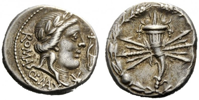 ROMAN REPUBLICAN COINAGE 
 Q. Fabius Maximus . Denarius 82-80, AR 3.89 g. Laure...