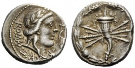 ROMAN REPUBLICAN COINAGE 
 Q. Fabius Maximus . Denarius 82-80, AR 3.89 g. Laureate head of Apollo r.; behind, ROMA; below, Q MAX; before, lyre and *....