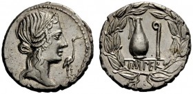 ROMAN REPUBLICAN COINAGE 
 Q. Caecilius Metellus Pius . Denarius 81, AR 3.89 g. Diademed head of Pietas r.; before, stork. Rev. Jug and lituus; in ex...