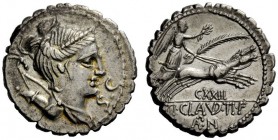 ROMAN REPUBLICAN COINAGE 
 Ti. Claudius Ti.f. Ap.n. Denarius serratus 79, AR 3.62 g. Draped bust of Diana r., with bow and quiver over shoulder; befo...