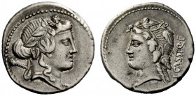 ROMAN REPUBLICAN COINAGE 
 L. Cassius Q.f. Longinus . Denarius 78, AR 3.84 g. Head of Liber r., wearing ivy wreath and with thyrsus over shoulder. Re...