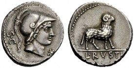 ROMAN REPUBLICAN COINAGE 
 L. Rustius . Denarius 76, AR 3.92 g. Helmeted head of Minerva r.; behind, S C; before, *. Rev. Ram r.; in exergue, L RVSTI...