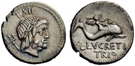ROMAN REPUBLICAN COINAGE 
 L. Lucretius Trio . Denarius 76, AR 3.96 g. Laureate head of Neptune r.; behind, trident and control numeral. Rev. Winged ...